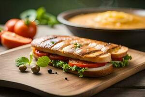 en smörgås med tomat, sallad och ost på en trä- skärande styrelse. ai-genererad foto