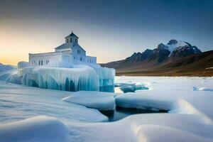 en kyrka i de mitten av ett is isflak. ai-genererad foto