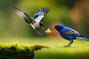 två fåglar är stående på de gräs med en bit av mat. ai-genererad foto