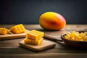 mango, skivad och skära in i bitar på en trä- tabell. ai-genererad foto