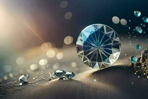 en diamant är visad på de sand med en ljus lysande på Det. ai-genererad foto