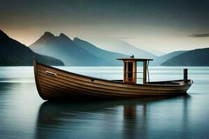 en båt i de vatten med bergen i de bakgrund. ai-genererad foto