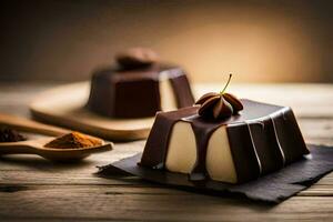 choklad pudding på en trä- tabell. ai-genererad foto