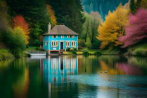 en blå hus sitter på de kant av en sjö omgiven förbi färgrik träd. ai-genererad foto