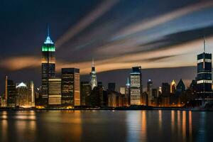 de manhattan horisont på natt. ai-genererad foto