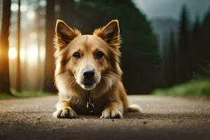 en hund Sammanträde på de väg i de skogen. ai-genererad foto