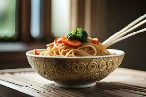 en skål av spaghetti med ätpinnar på en trä- tabell. ai-genererad foto