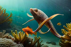 ett bläckfisk och en fisk simning i de hav. ai-genererad foto