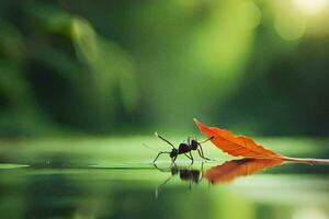 en blad på de vatten med en insekt på Det. ai-genererad foto
