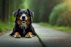 en hund Sammanträde på de trottoar i de parkera. ai-genererad foto