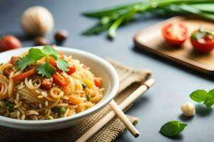 kinesisk spaghetti i en skål med grönsaker och örter. ai-genererad foto