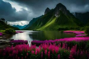 de skön landskap av de bergen och blommor. ai-genererad foto