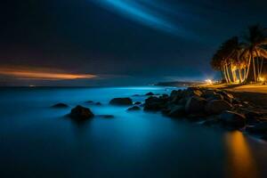 en lång exponering fotografera av en strand på natt. ai-genererad foto