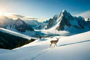 en rådjur står på en snöig berg med bergen i de bakgrund. ai-genererad foto