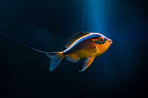 en fisk med en blå och orange kropp simning i de mörk. ai-genererad foto