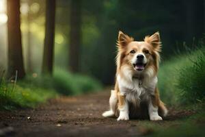 en hund Sammanträde på en smuts väg i de skogen. ai-genererad foto