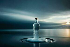 en flaska av vatten Sammanträde på de vatten med en solnedgång i de bakgrund. ai-genererad foto