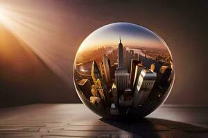 en stad i en glas boll med de Sol lysande genom Det. ai-genererad foto