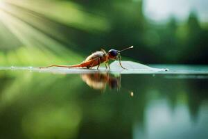 en insekt på de vatten med de Sol lysande. ai-genererad foto