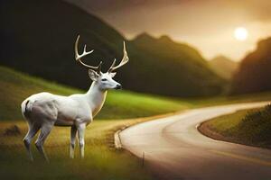 en vit rådjur står på de sida av en väg. ai-genererad foto