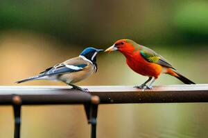 två färgrik fåglar stående på en räcke. ai-genererad foto