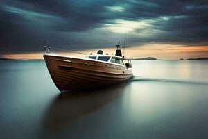 en båt är segling på de hav på solnedgång. ai-genererad foto