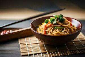 kinesisk spaghetti i en skål med ätpinnar. ai-genererad foto