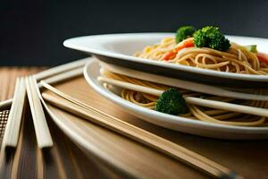 en tallrik av spaghetti och grönsaker på en trä- tabell. ai-genererad foto