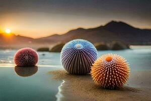 tre färgrik bollar på de strand med en solnedgång i de bakgrund. ai-genererad foto