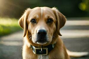 en hund bär en krage Sammanträde på de jord. ai-genererad foto