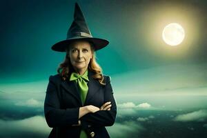 en kvinna i en häxa hatt och grön skjorta stående i främre av en full måne. ai-genererad foto