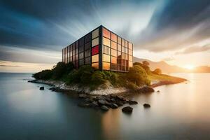 en byggnad på ett ö med en solnedgång i de bakgrund. ai-genererad foto