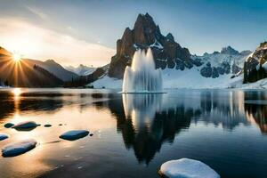 en fontän i de mitten av en sjö med snö på de jord. ai-genererad foto