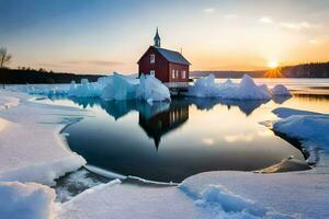 en röd kyrka sitter på is i de mitten av en sjö. ai-genererad foto