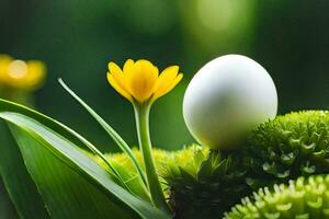 en vit ägg är Sammanträde på topp av en grön växt. ai-genererad foto