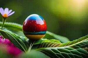 en färgrik målad ägg sitter på topp av grön löv. ai-genererad foto