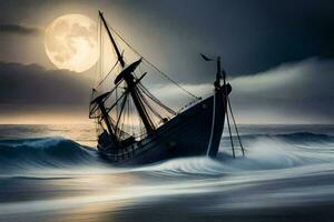 en båt i de hav med en full måne. ai-genererad foto