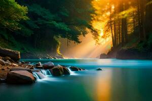 en flod strömmande genom en skog på soluppgång. ai-genererad foto