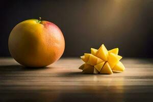 en mango och ett orange på en tabell. ai-genererad foto