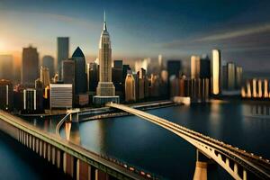 en stad horisont med en bro över vatten. ai-genererad foto