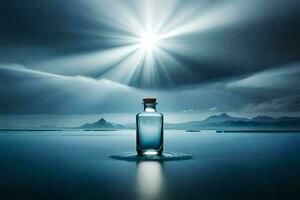 en flaska av vatten i de mitten av en sjö med en Sol lysande. ai-genererad foto