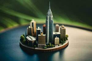 en miniatyr- stad med en skyskrapa i de mitten. ai-genererad foto