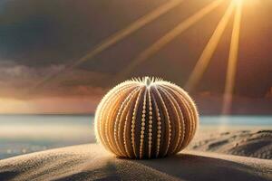 en kaktus på de strand med de Sol lysande. ai-genererad foto
