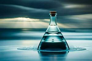en flaska av vatten i de hav med en mörk himmel. ai-genererad foto