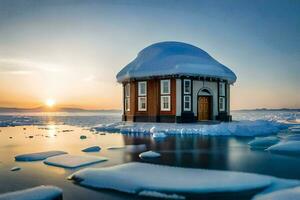en små hus sitter på topp av ett is isflak. ai-genererad foto