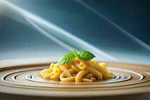 en pasta maträtt med en blad på topp. ai-genererad foto