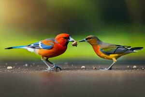 två färgrik fåglar stående på de jord med mat i deras näbbar. ai-genererad foto