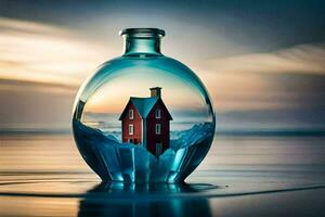 en hus i en flaska på de strand. ai-genererad foto