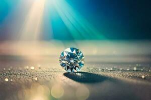 en diamant på en tabell med en ljus ljus lysande. ai-genererad foto