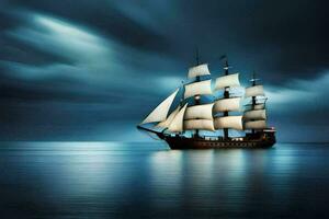 en segling fartyg i de hav på natt. ai-genererad foto